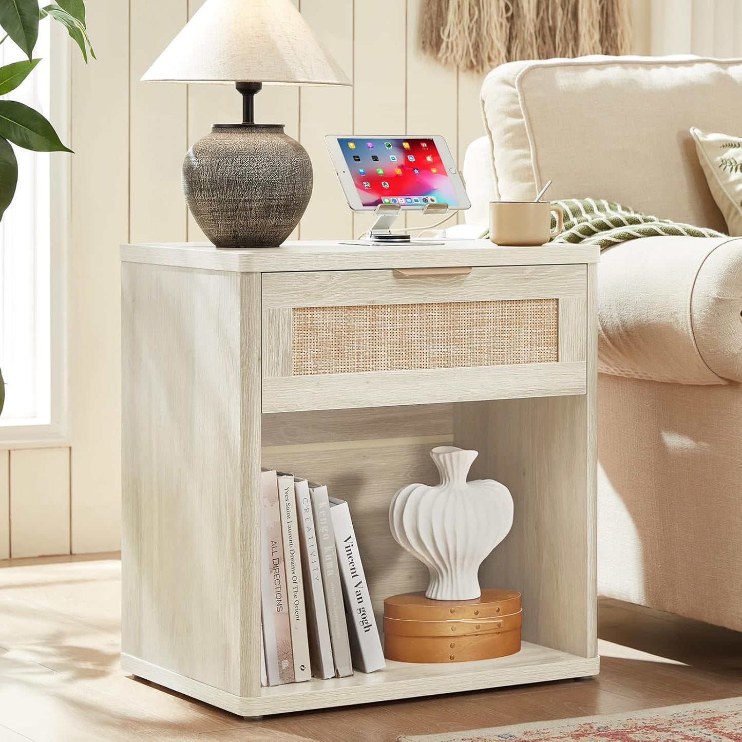 LEYAOYAO Rattan Nightstand with Charging Station, 23" Wide Boho Night Stand with Drawer, Grey White