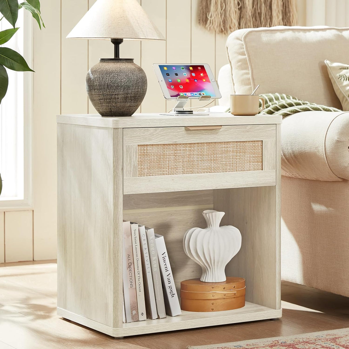 LEYAOYAO Rattan Nightstand with Charging Station, 23" Wide Boho Night Stand with Drawer, Grey White