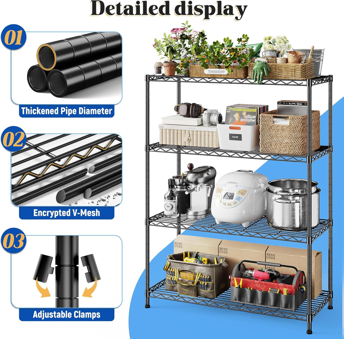4- Shelf Metal Shelving Unit Adjustable Storage Shelves Heavy Duty Garage Shelving Steel Wire
