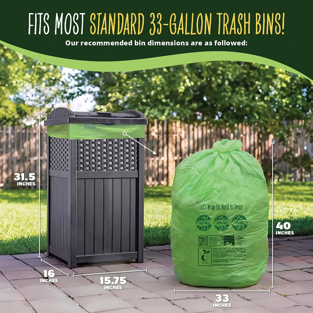 30-33 Gallon Compost Bags 30 Bags Yard Waste Bags Flat-Top Liners Compostable Trash Bags Heavy Duty