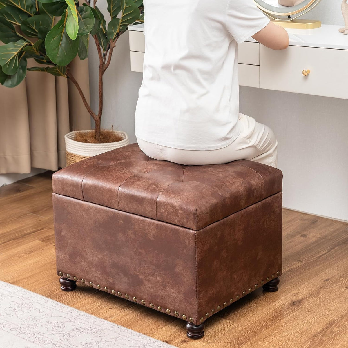 Joveco Leather Storage Ottoman, 24" Rectangle Tufted Square Upholstered Bench, Foot Rest Stool with