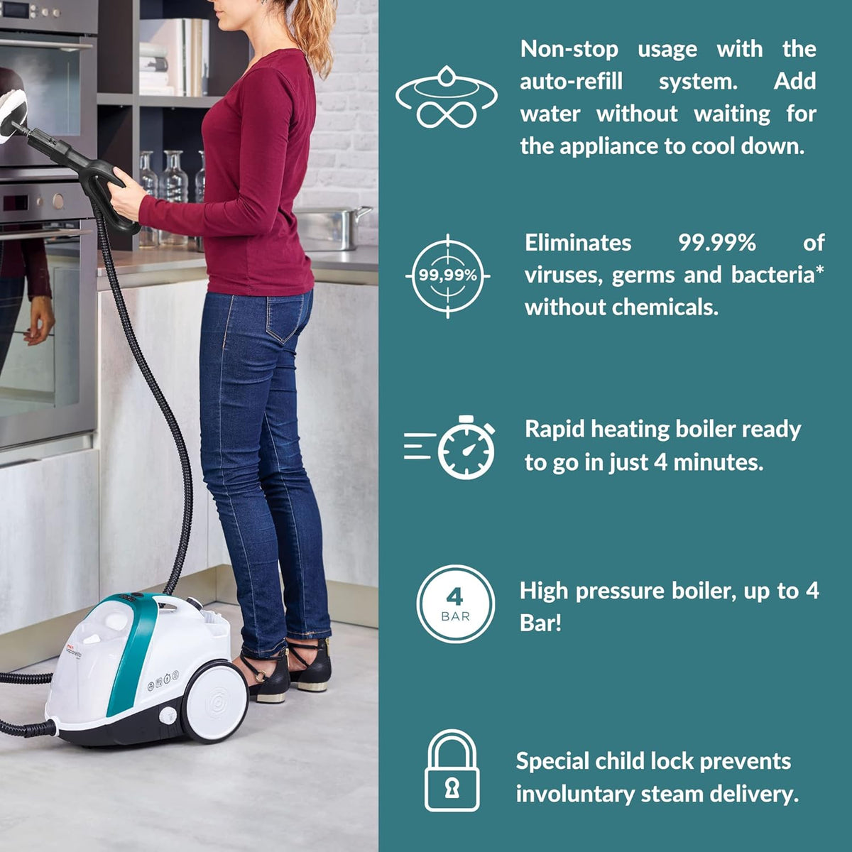 POLTI Vaporetto Smart 100 Steam Cleaner with Unlimited Steam Technology, Sanitize Floors, Carpets