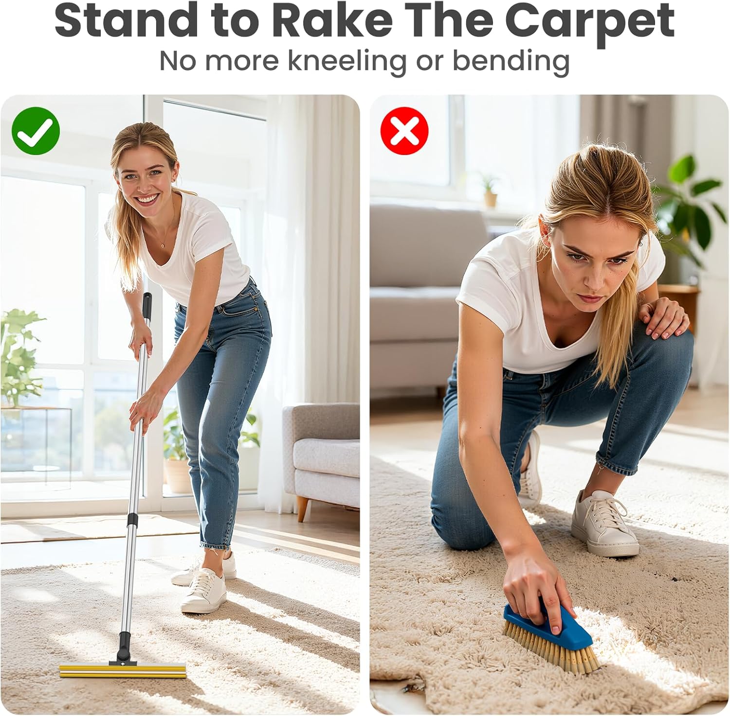 3 in 1 Carpet Rake for Pet Hair Removal, Tool Set of 3, 55” Long Handle Carpet Pet Hair Removal