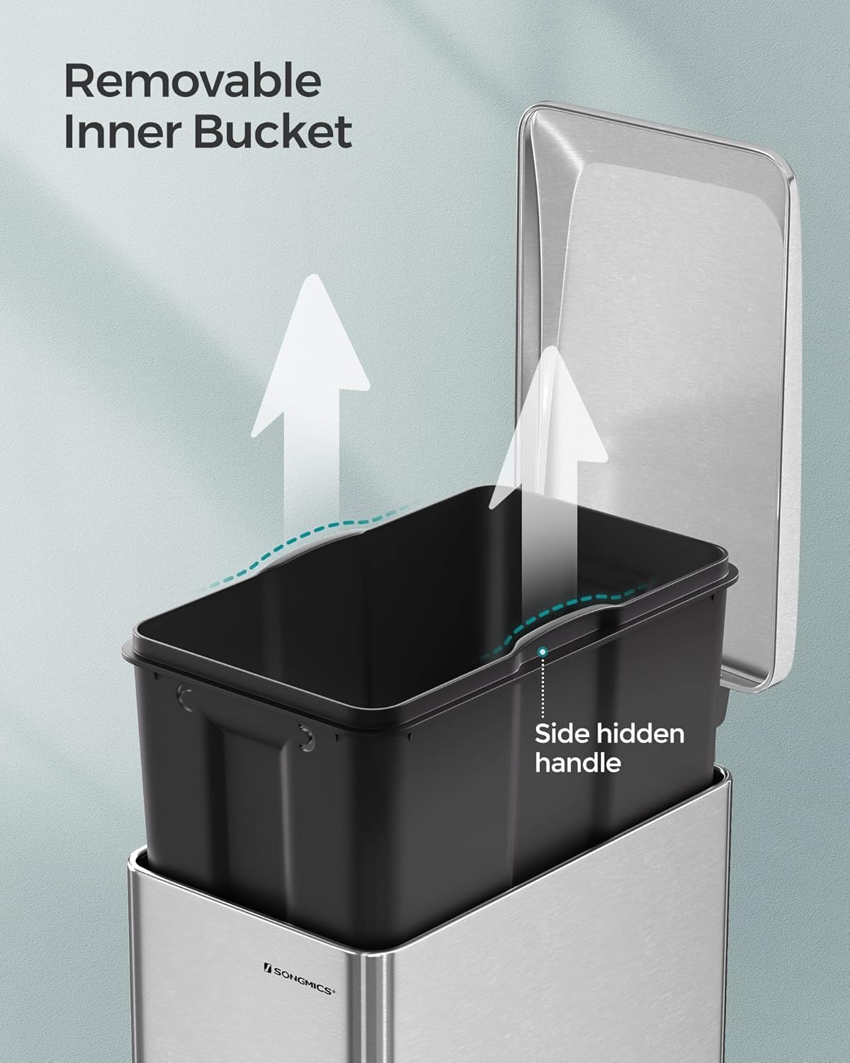SONGMICS Slim Trash Can, 13-Gallon (50 L) Garbage Can for Narrow Spaces with Soft-Close Lid, Inner