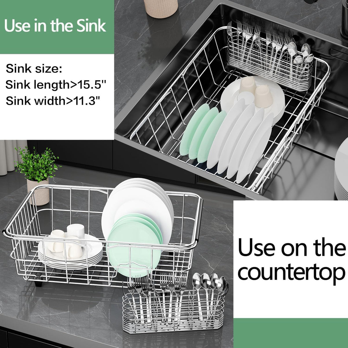 Large Dish Drainer Rack in Sink Adjustable, Expandable 304 Stainless Steel Metal Dish Drying Rack