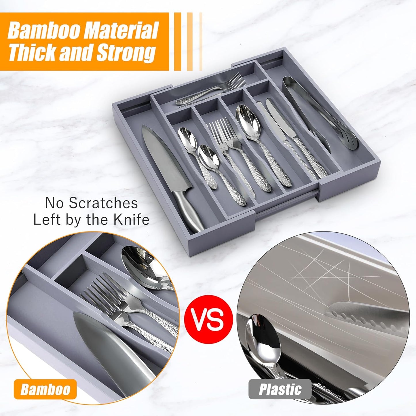 Kitchen Silverware Drawer Organizer and Storage Bamboo Wood Cooking Utensil Holder Cutlery Knife