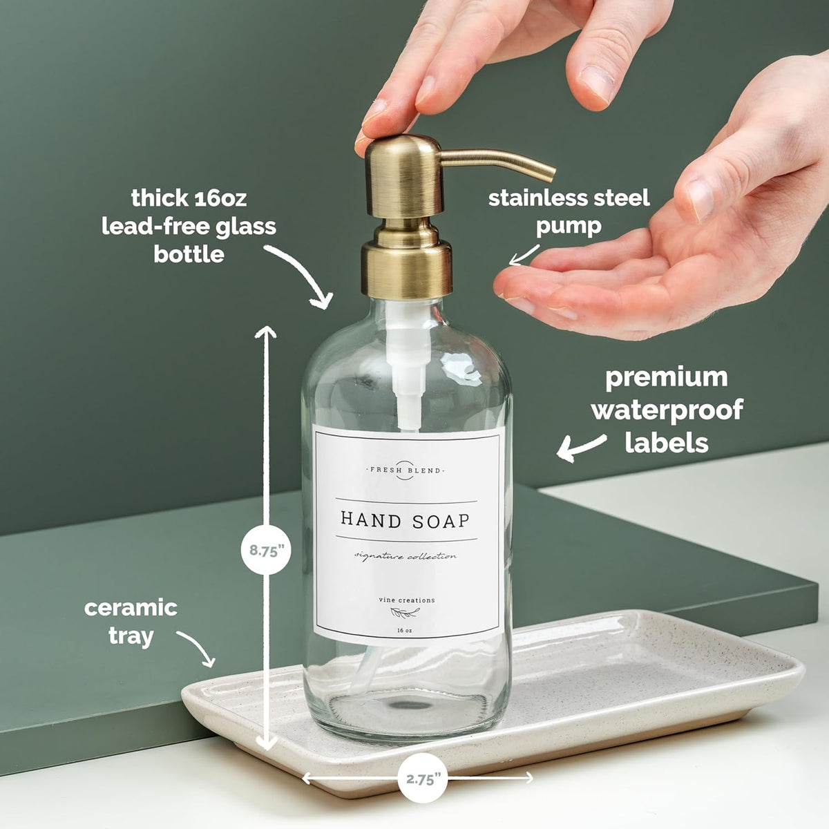 Vine Creations Glass Soap Dispenser, 2 Pack Kitchen Soap Dispenser Set with Ceramic Tray, Stainless