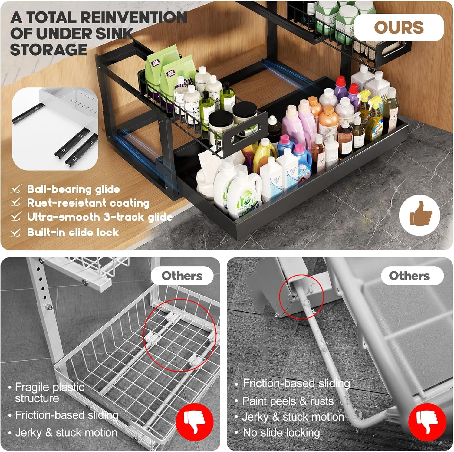 1 Pack-15.7"-25.7"W Expandable Under Sink Organizer With Upgrade Ball-Bearing Slide,2-Tier Pull Out
