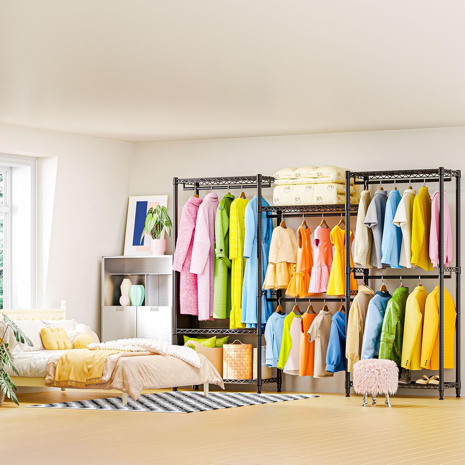 Heavy Duty Rolling Garment Rack 3 Tiers Adjustable Wire Shelving Clothes Rack with Rods Storage