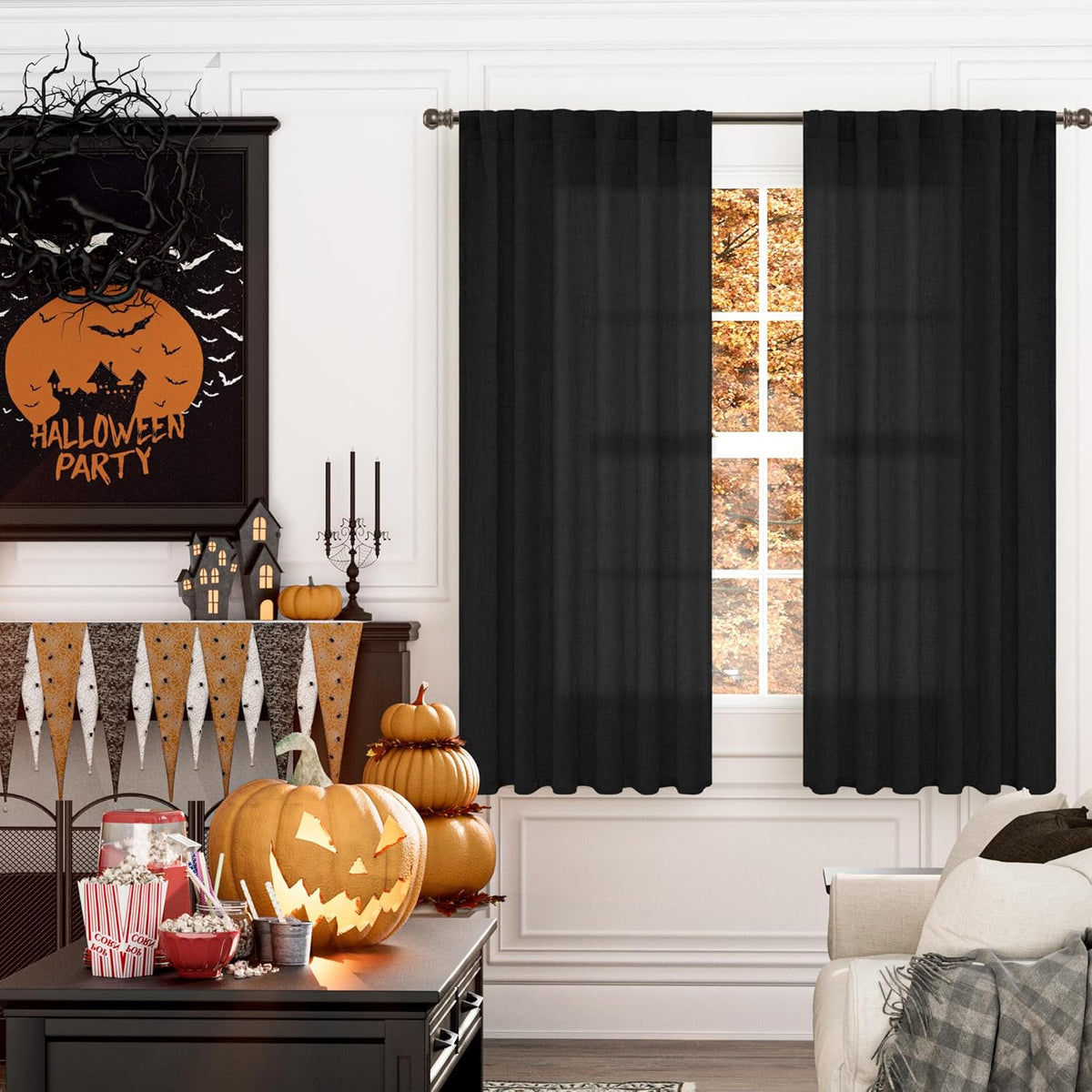 YoungsTex Black Linen Curtains 63 inch Length 2 Panels for Living Room, Back Tab and Rod Pocket