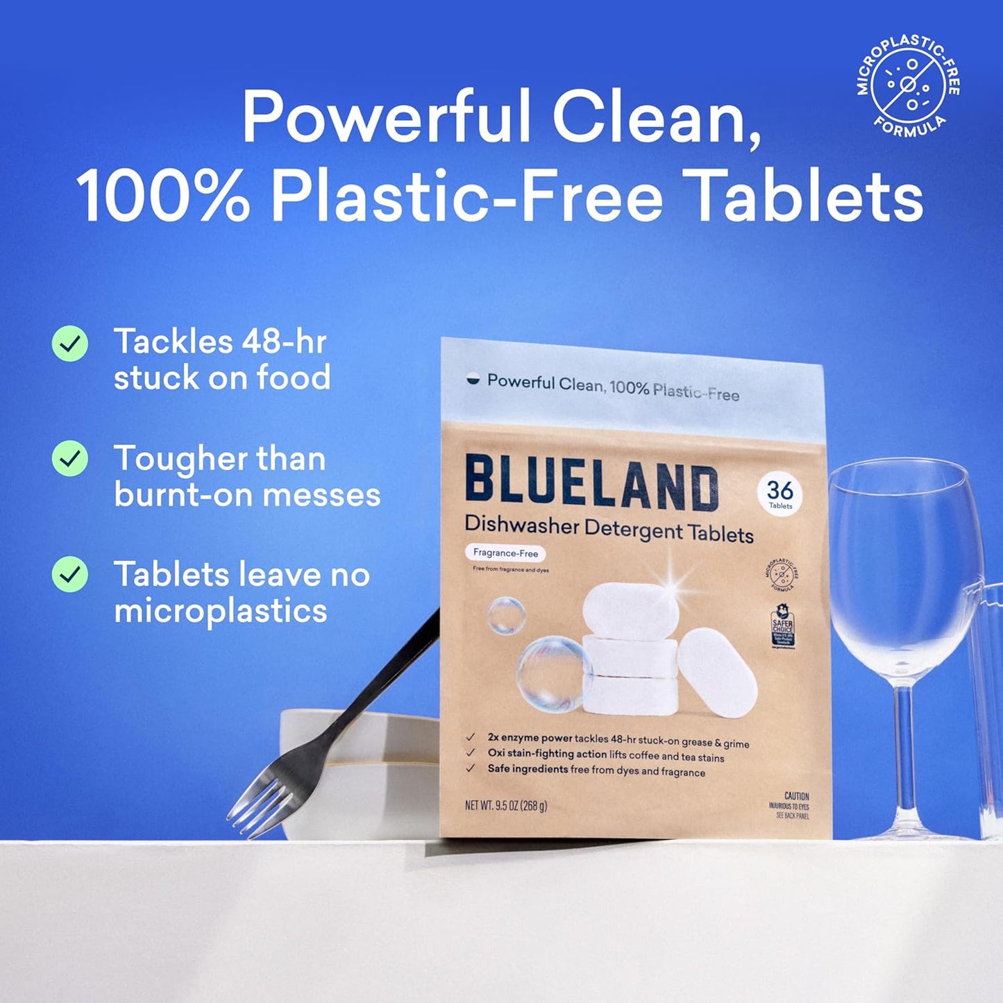 BLUELAND 100% Plastic-Free Dishwasher Detergent Tablets, 120 Count, Free & Clear, Eco-Friendly