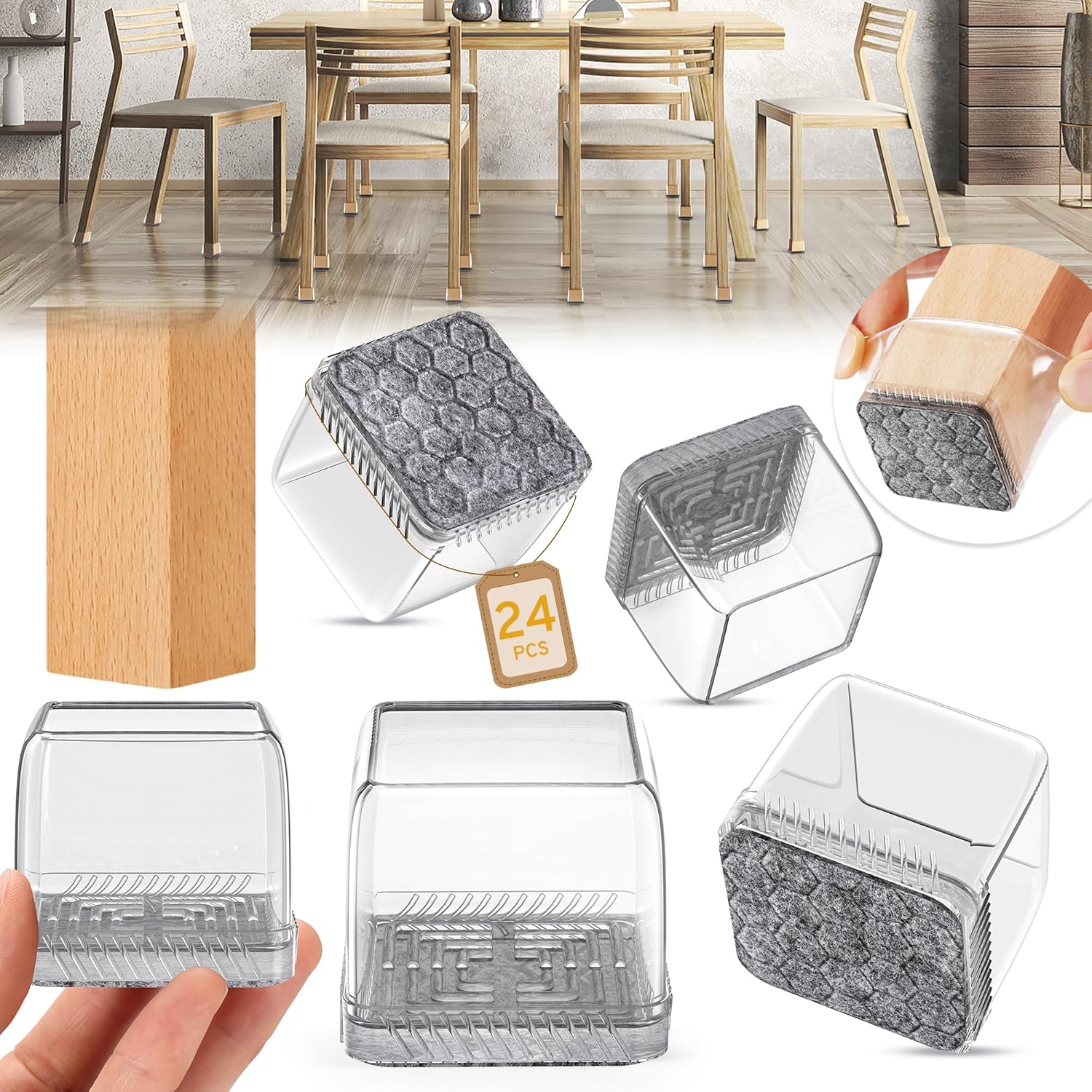 24PCS Square Chair Leg Floor Protectors, Furniture Sliders, Chair Leg Protectors for Hardwood