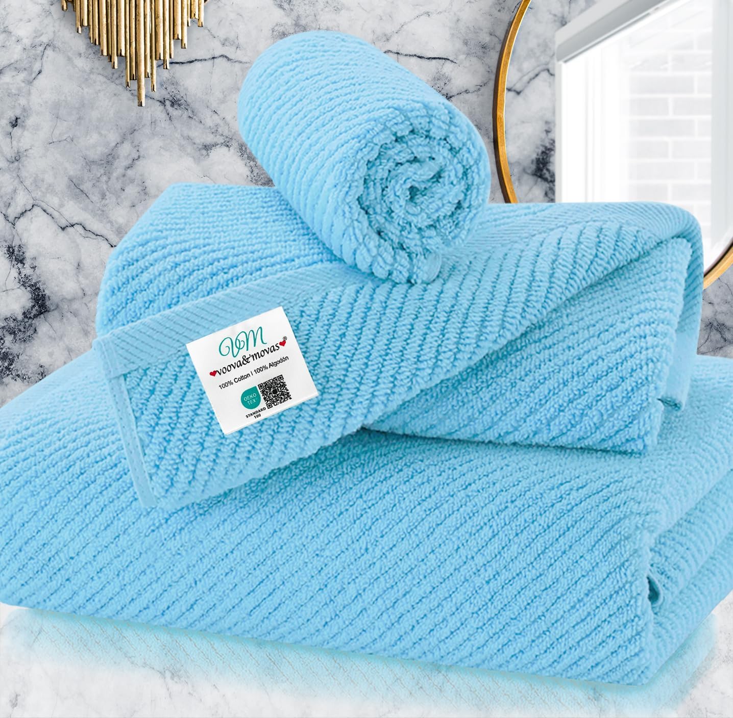 VOOVA & MOVAS Ocean Blue Towels for Bathroom, 100% Cotton | Quick Dry | Soft | Thick,3 Piece Towel
