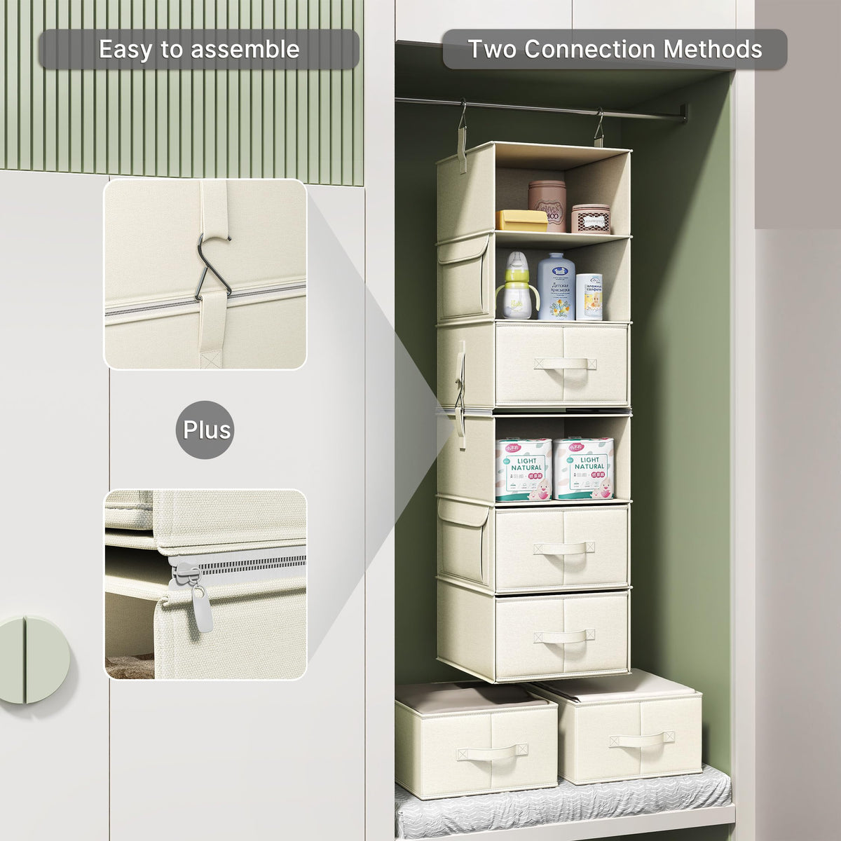 6-Shelf Hanging Closet Organizer with 3 Drawers, 2-in-1 Design, Beige