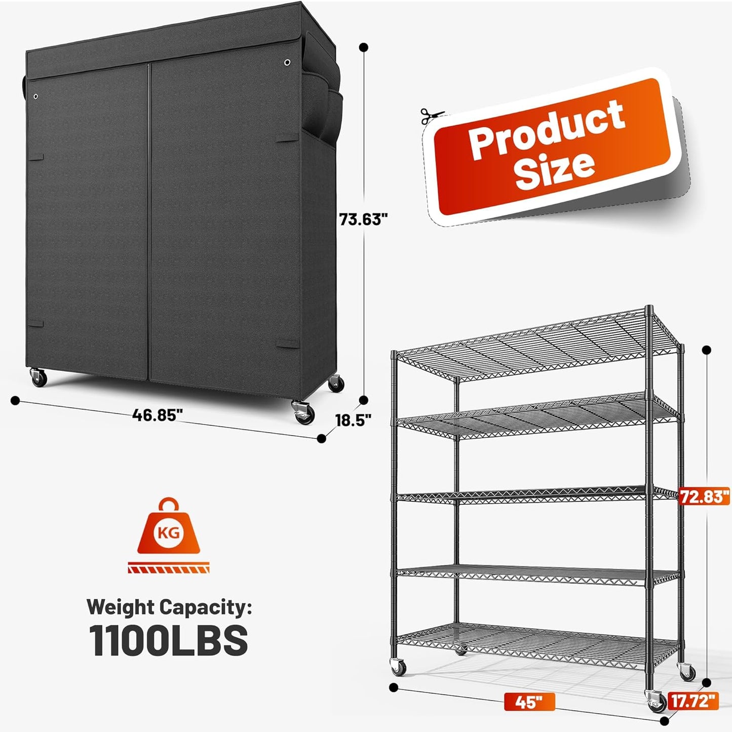 REIBII 45''W Storage Shelves Waterproof Metal Shelving Cover Dustproof Wire Shelving Unit Covers