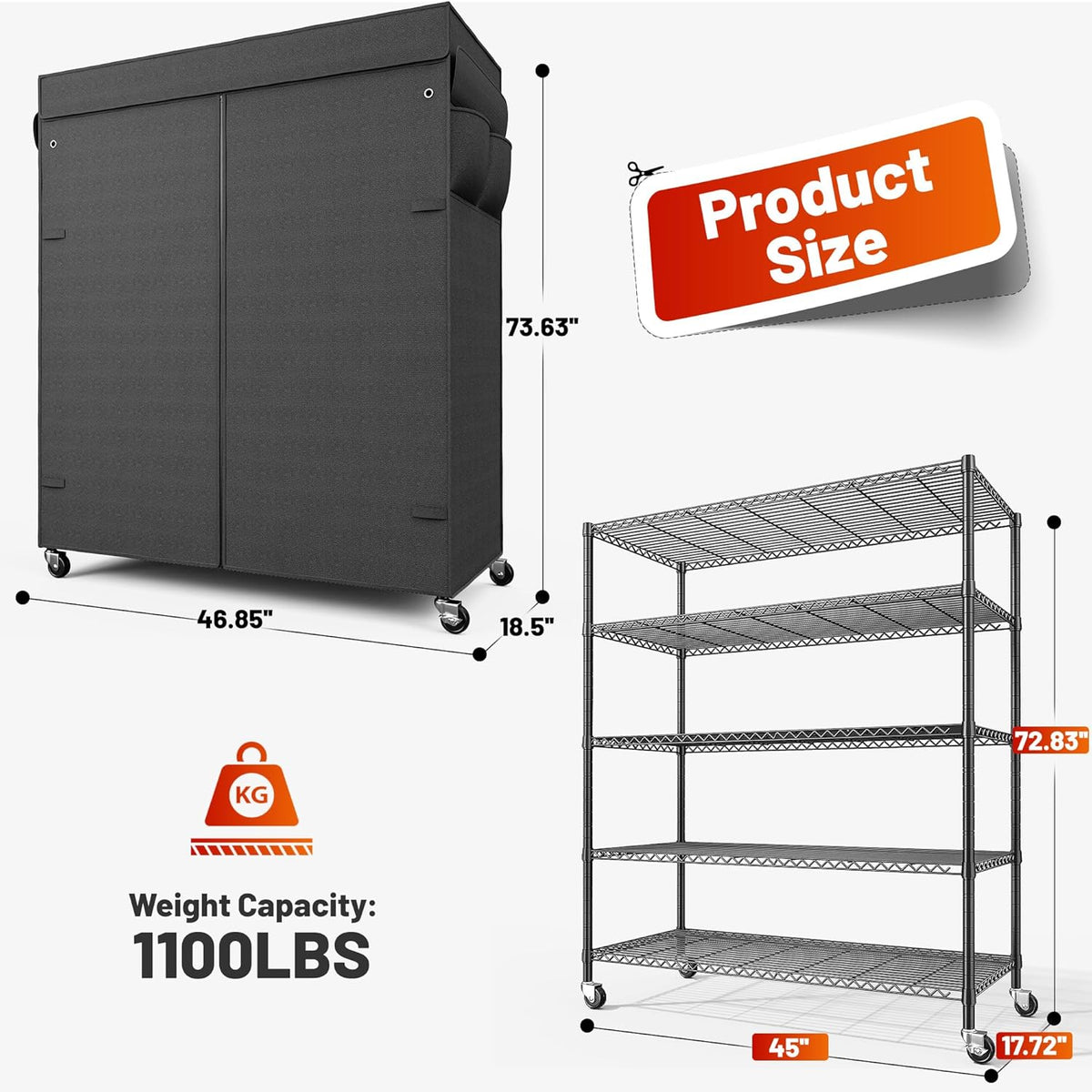 REIBII 45''W Storage Shelves Waterproof Metal Shelving Cover Dustproof Wire Shelving Unit Covers