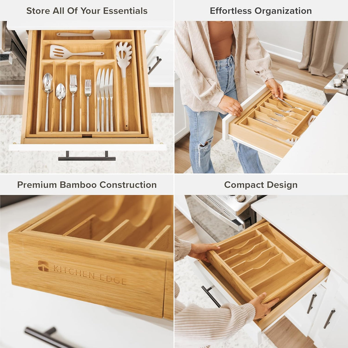 KitchenEdge Premium Silverware, Flatware and Utensil Organizer for Kitchen Drawers, Food-Safe