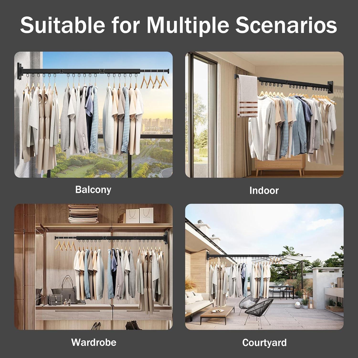 Wall Mounted Clothes Drying Rack, Retractable & Collapsible, Foldable Black-Ring Laundry Hanger