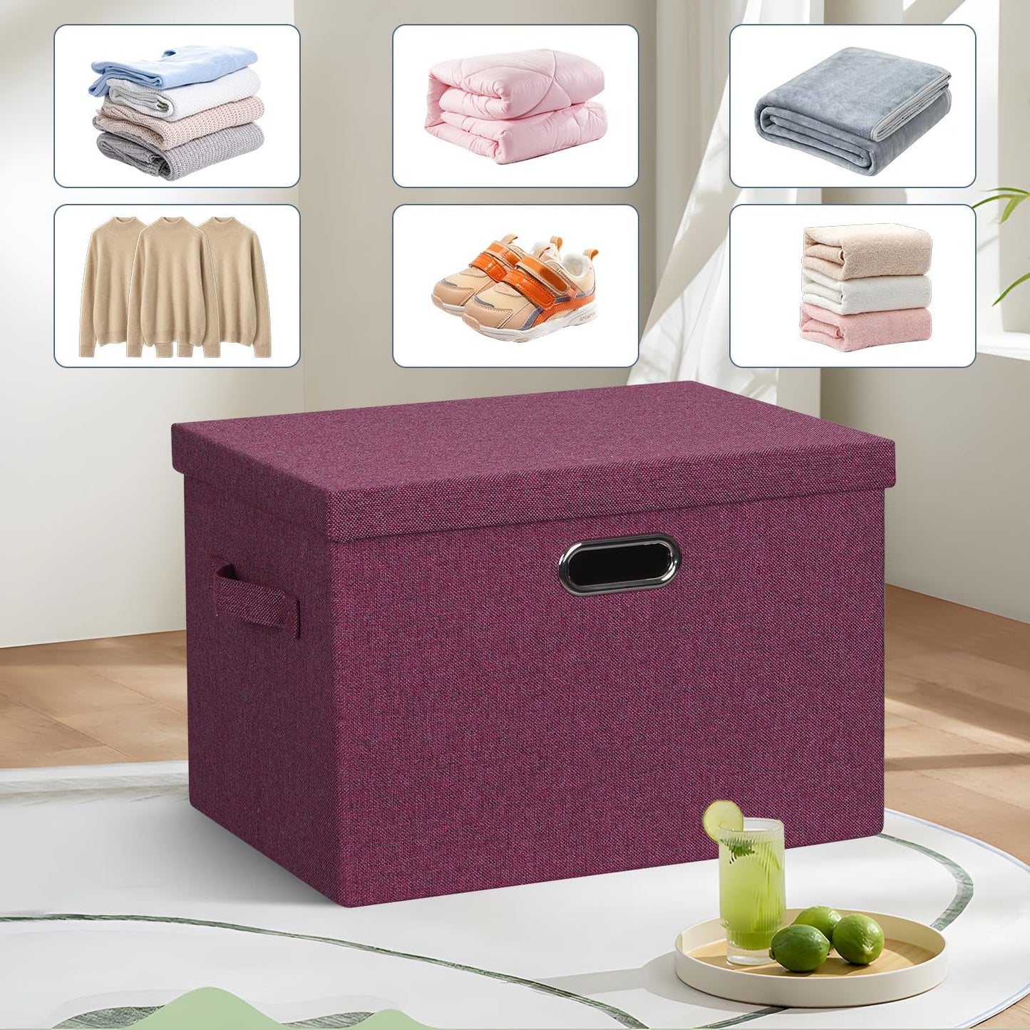 Large 17" 36 Quart Collapsible Stackable Storage Bins with Lids, 3 Packs Purple Linen Fabric Closet