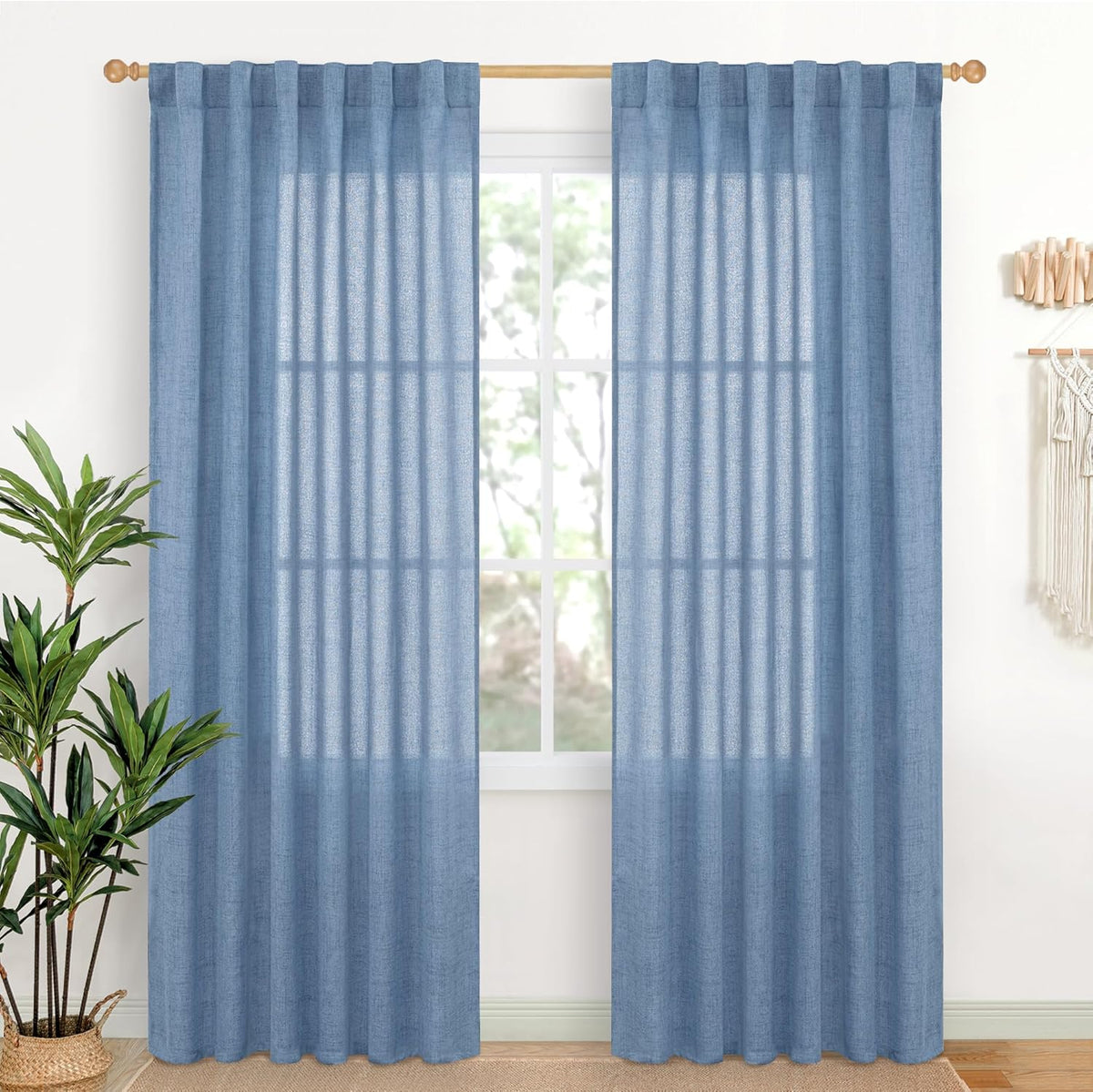 YoungsTex Denim Blue Linen Curtains 80 Inch Length for Living Room, Light Filtering Semi Sheer