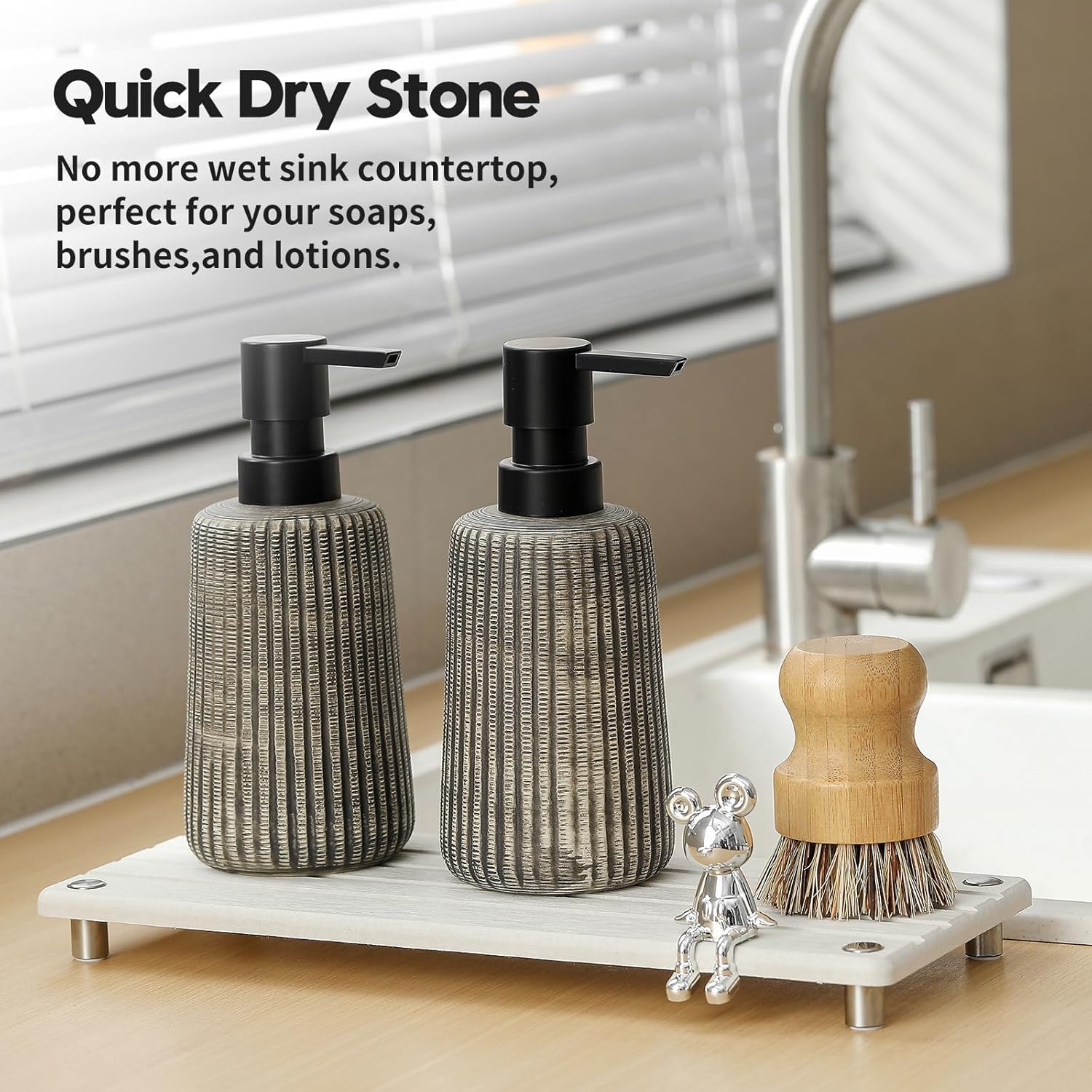 Instant Dry Sink Caddy Kitchen Sink Organizer, Quick Drying Stone Tray Diatomite Sponge Holder Soap