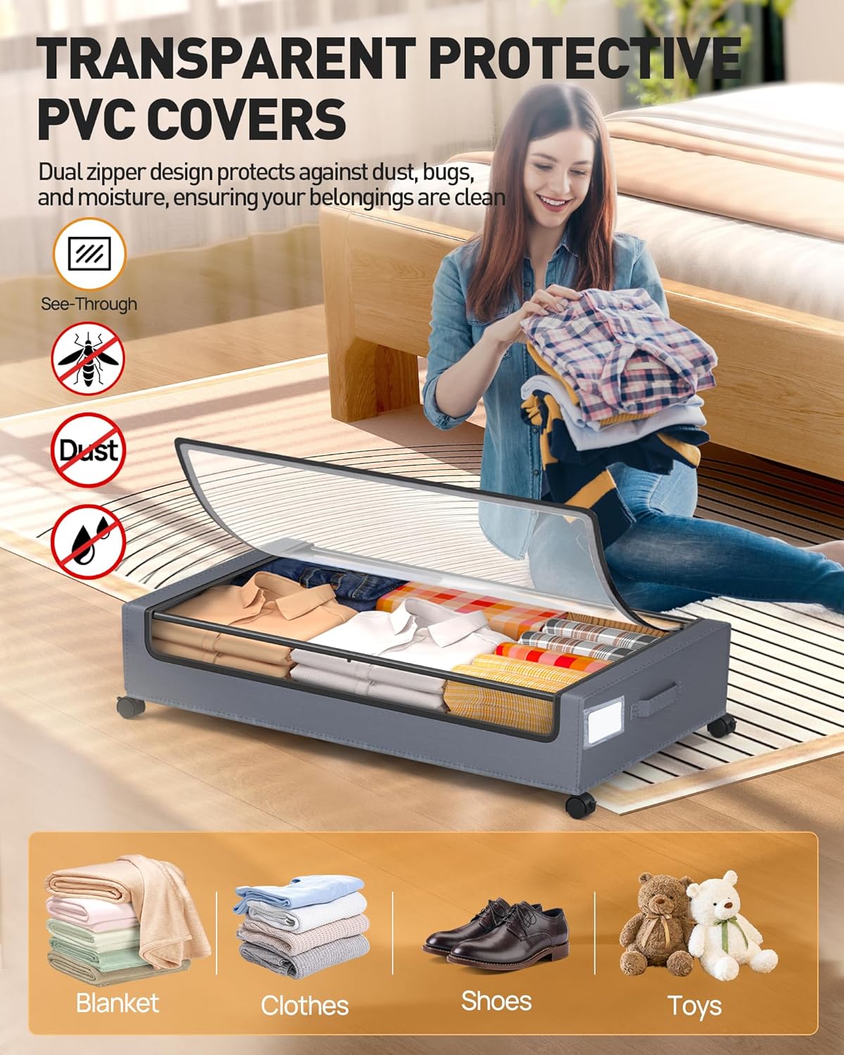 Under Bed Storage with Wheels, Square Under Bed Storage Containers, 60L Under The Bed Storage Bins