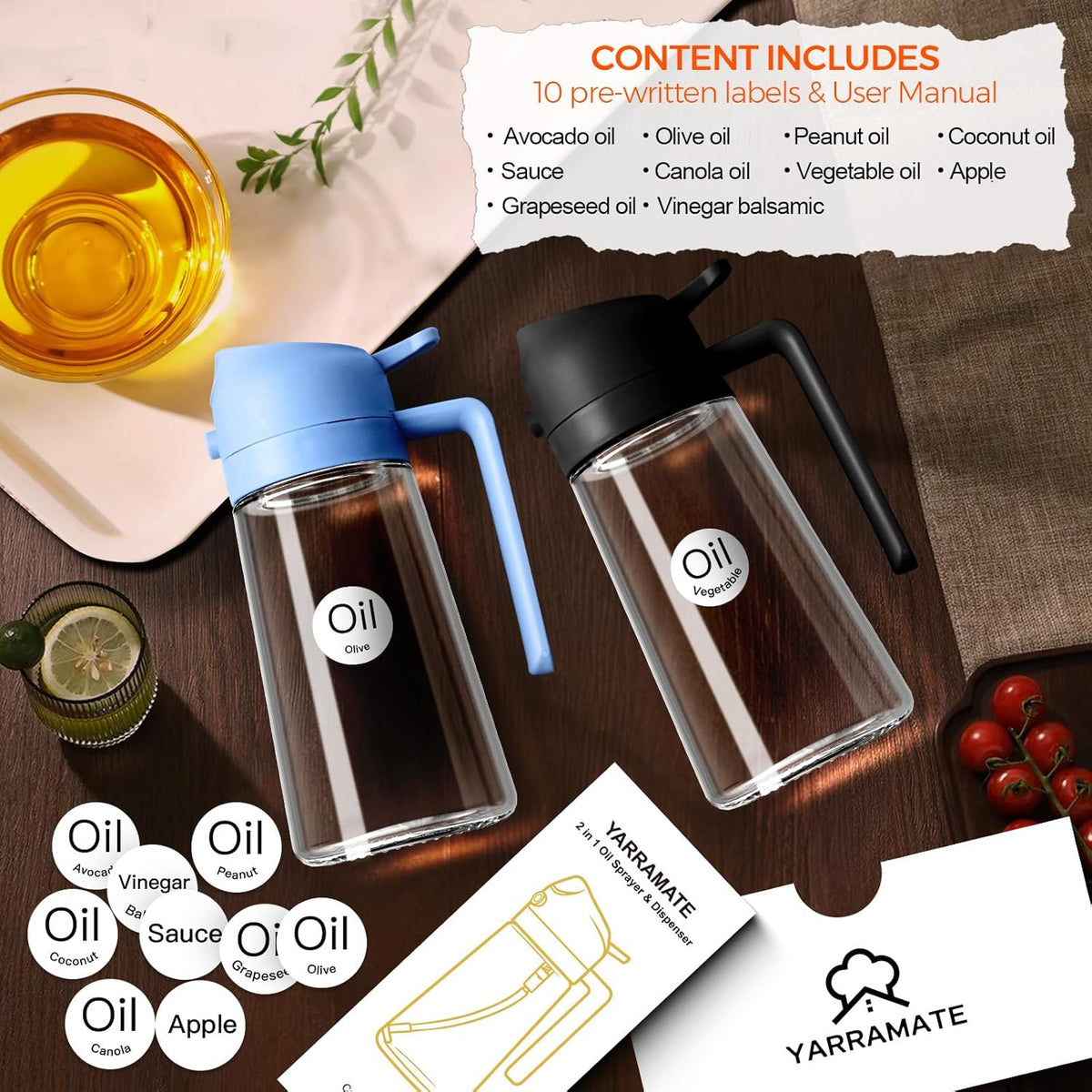 YARRAMATE 16oz/470ml Glass Olive Oil Sprayer for Cooking with Stickers, 2 in 1 Oil Dispenser for