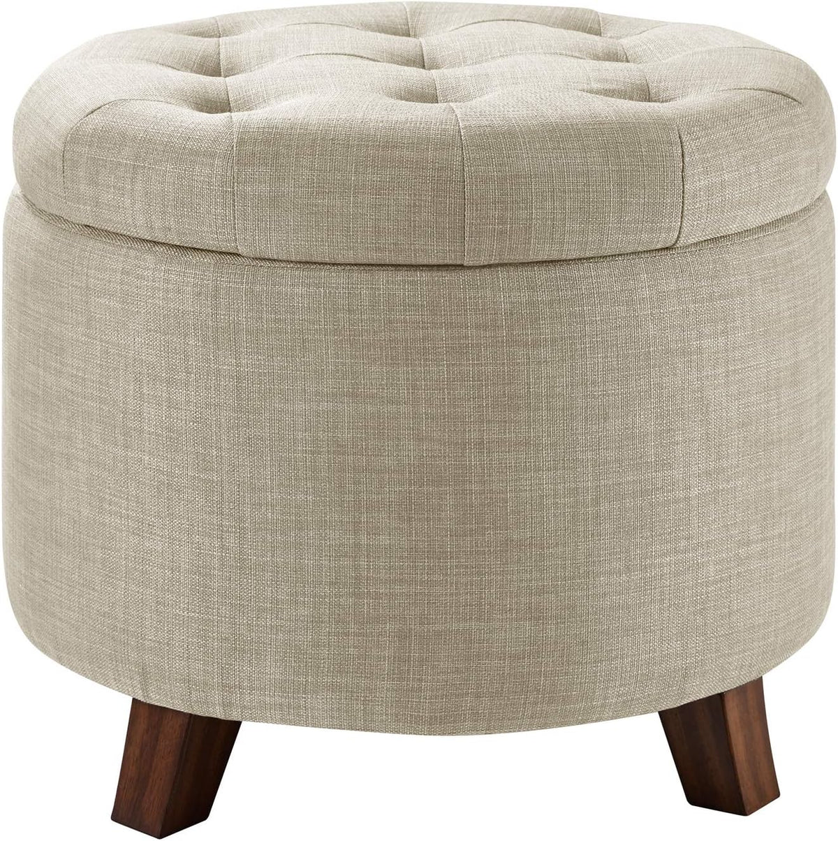 Amazon Basics Round Linen Ottoman with Storage, Tufted Upholstered Footstool for Living Room and