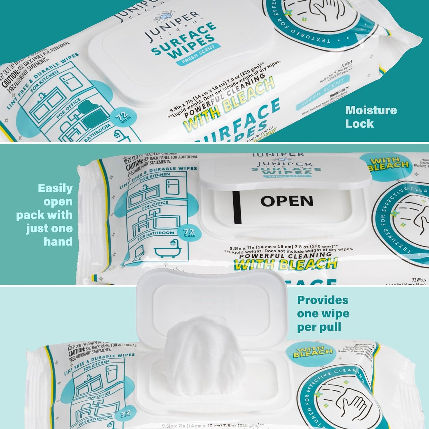 24 Pack Surface Cleaning Wipes with Bleach, All-Purpose Cleaner for Bathroom, Kitchen, Office, 1728