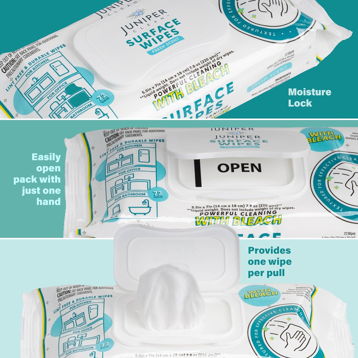 24 Pack Surface Cleaning Wipes with Bleach, All-Purpose Cleaner for Bathroom, Kitchen, Office, 1728