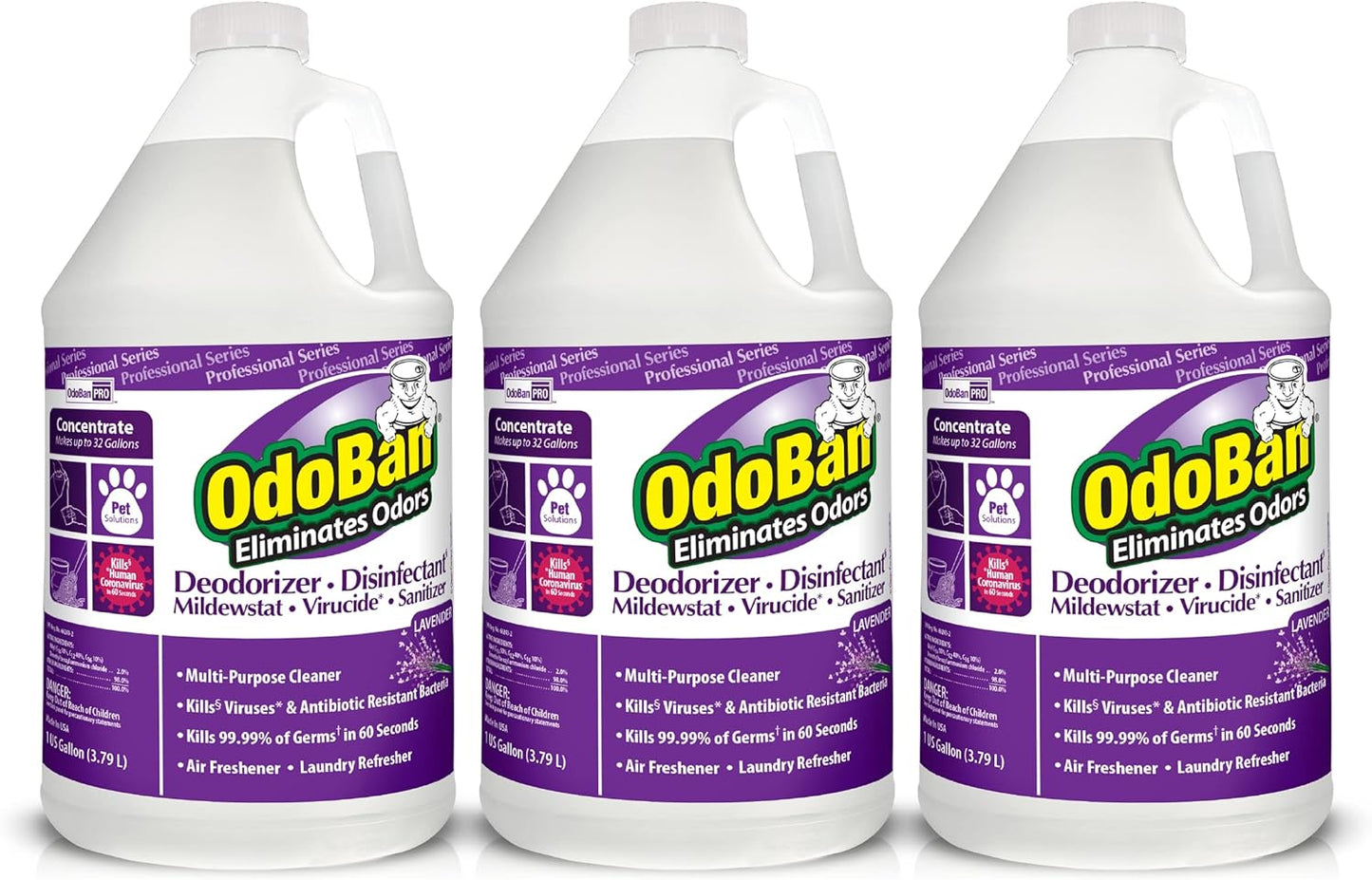 OdoBan Professional Disinfectant and Odor Eliminator Concentrate, 3-Pack, 1 Gallon Each, Lavender