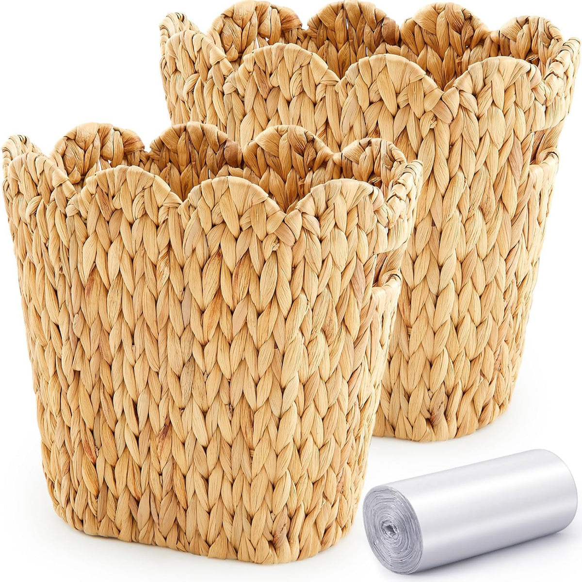 2 Pcs Wicker Trash Can with 50 Small Trash Bag Wicker Waste Woven Basket with Handles Clear Multi