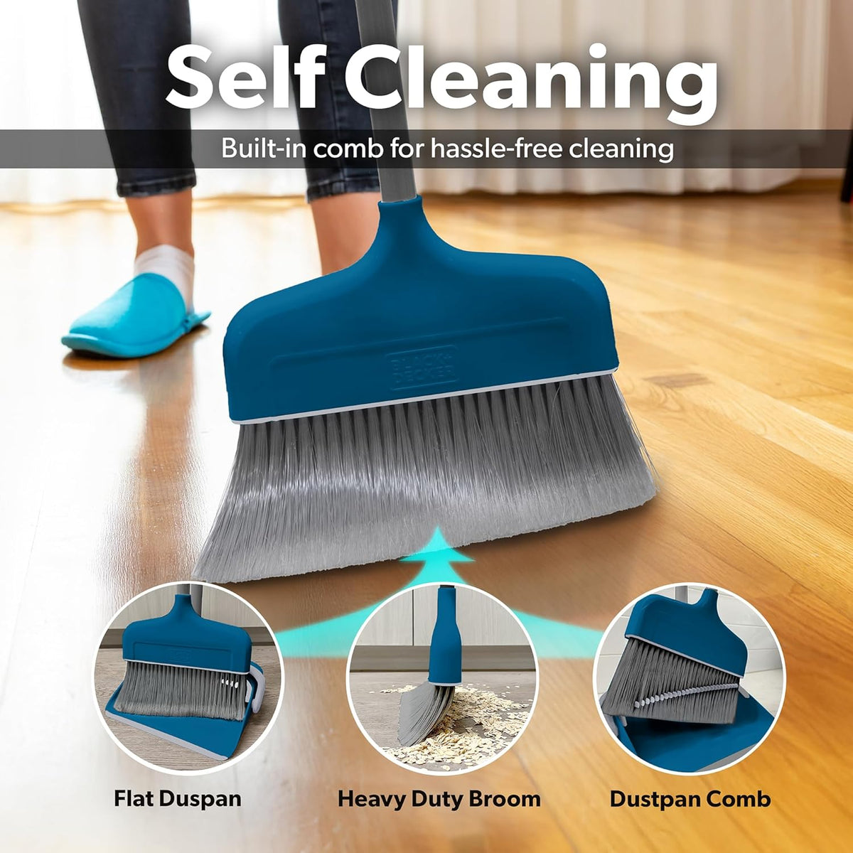 BLACK+DECKER Butler Broom & Dustpan Set - Stand-Up Design - Lightweight, Space-Saving Combo for