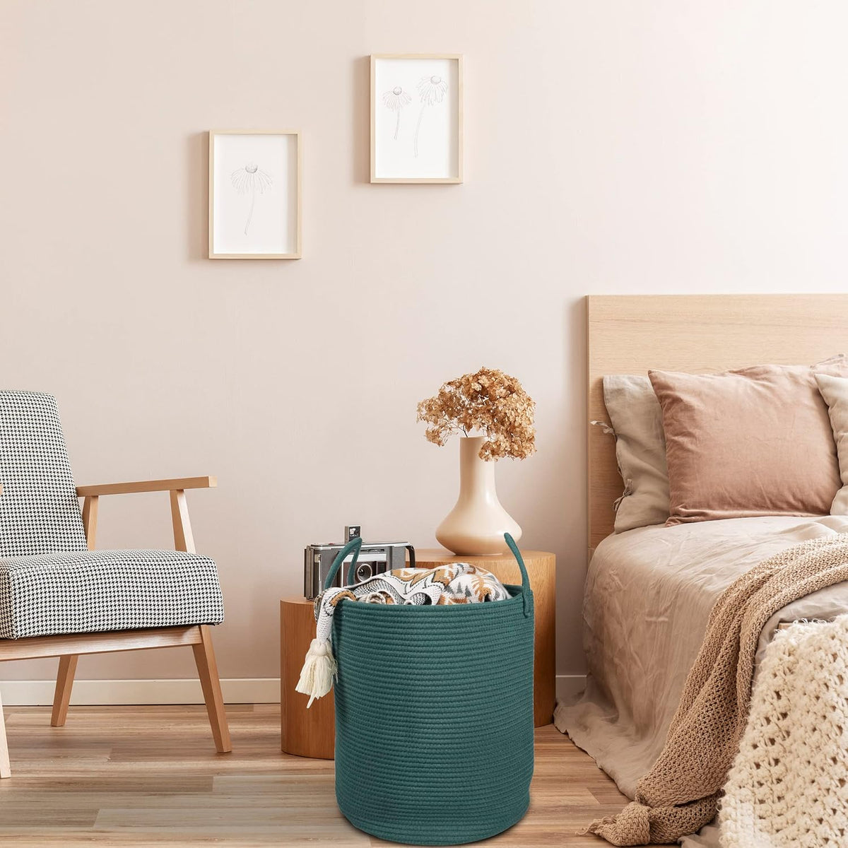 Cotton Rope Laundry Basket Hamper for Clothes Woven Storage Basket for Living Room Bedroom Boho