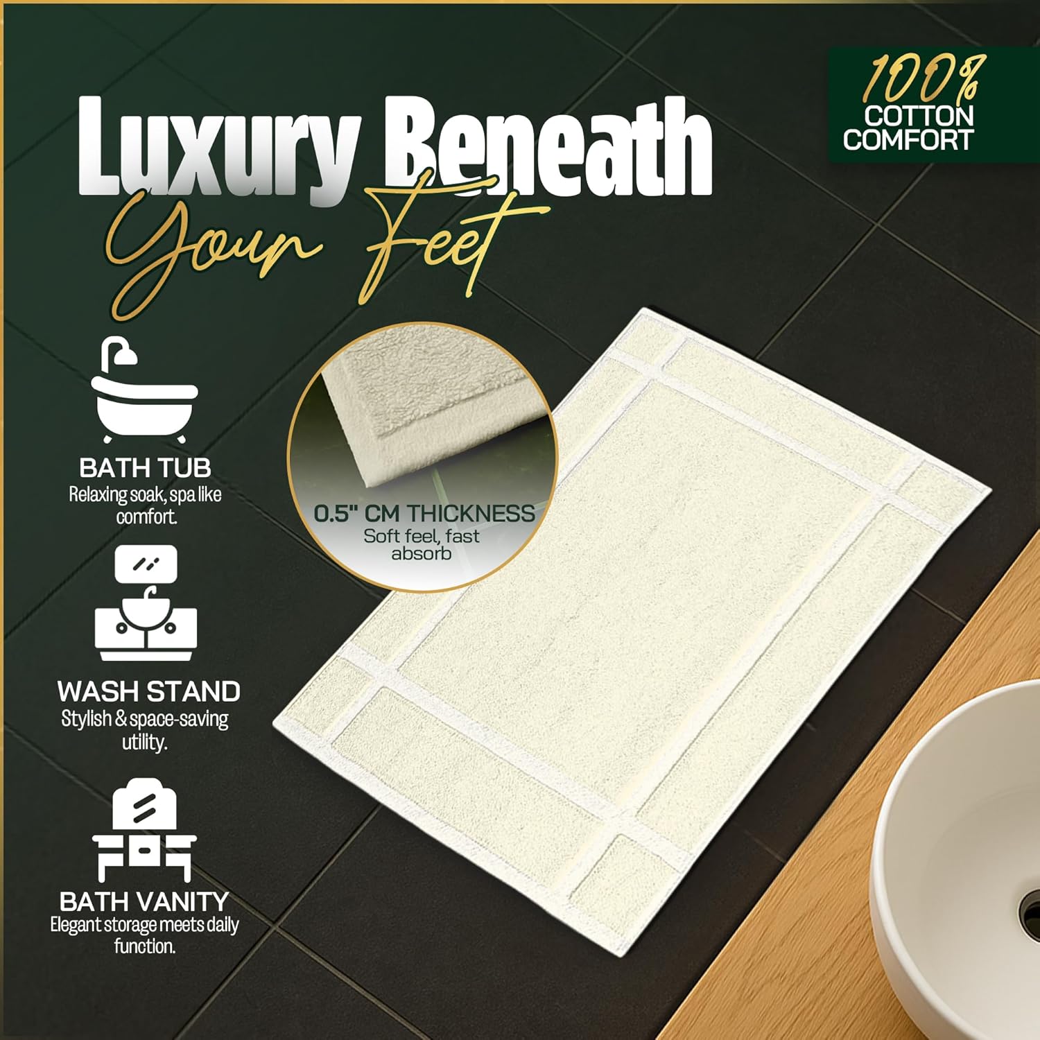 Pearl Linens Pack of 2 100% Cotton Bathmat 20x30 inches, Soft & Absorbent Quick Dry Bathroom Mat