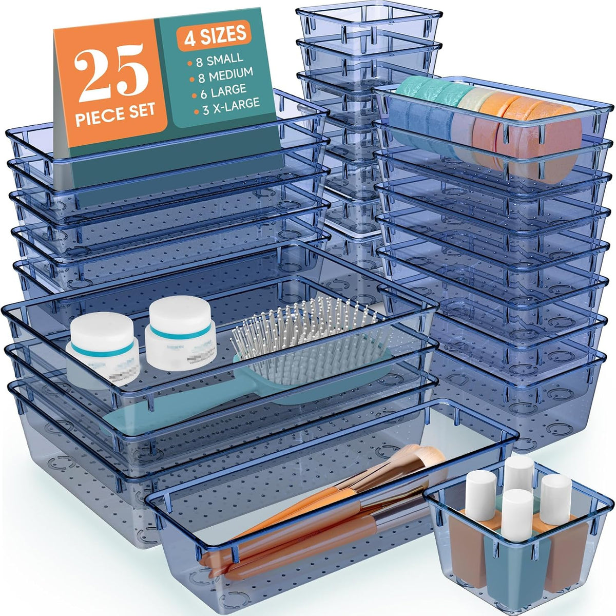 WOWBOX 25 PCS Plastic Drawer Organizer Set, 4 Sizes Desk Drawer Divider Organizers and Storage Bins