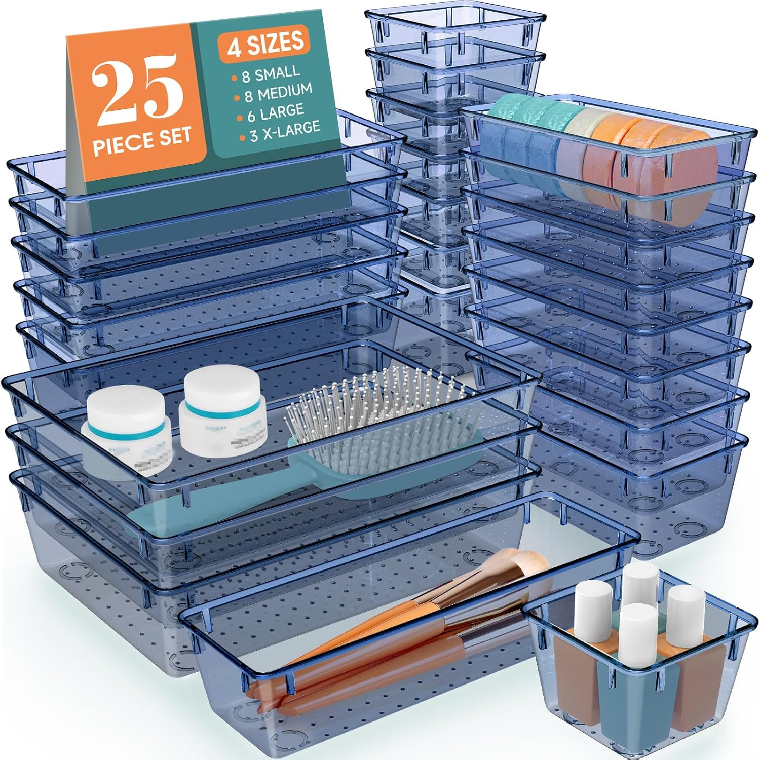 WOWBOX 25 PCS Plastic Drawer Organizer Set, 4 Sizes Desk Drawer Divider Organizers and Storage Bins