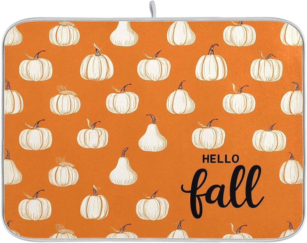 Hello Fall Burnt Orange Dish Drying Mat for Kitchen Countertop 18x24 Autumn Pumpkin Large Drying