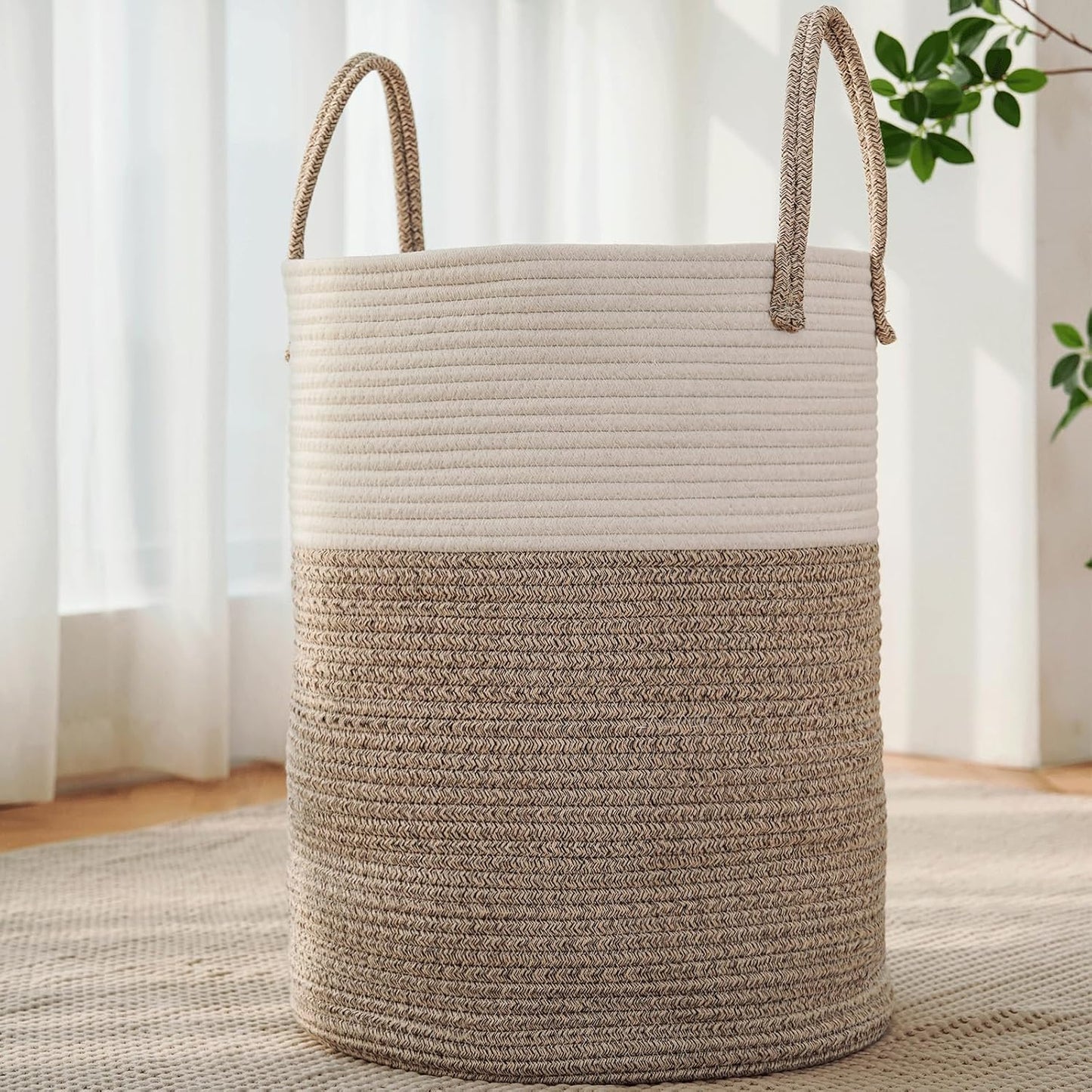 Large Woven Laundry Basket Hamper,60L Cotton Rope Storage Bin for Blankets,Toys and