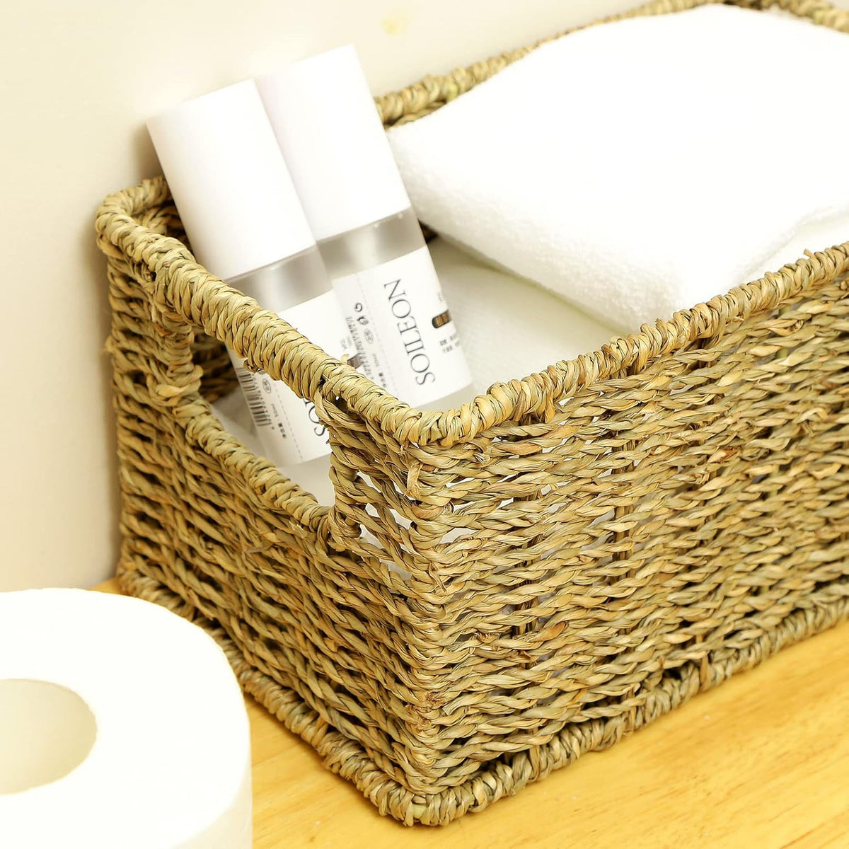 HOONEX Wicker Baskets for Storage, Seagrass Baskets with Dual Handles, Woven Baskets for Shelves