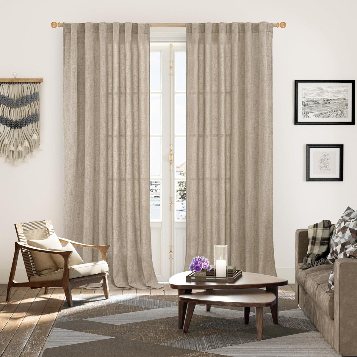 YoungsTex Linen Semi Sheer Curtains 95 Inches Long 2 Panels for Living Room, Textured Floor Length