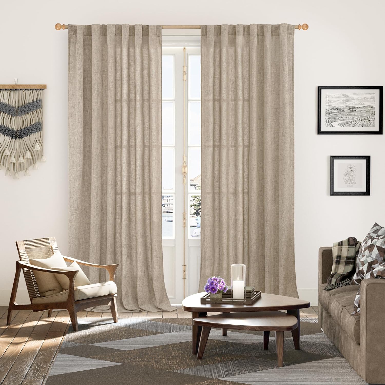 YoungsTex 90 Inch Length Linen Semi Sheer Curtains for Living Room, Dark Oatmeal Light Filtering