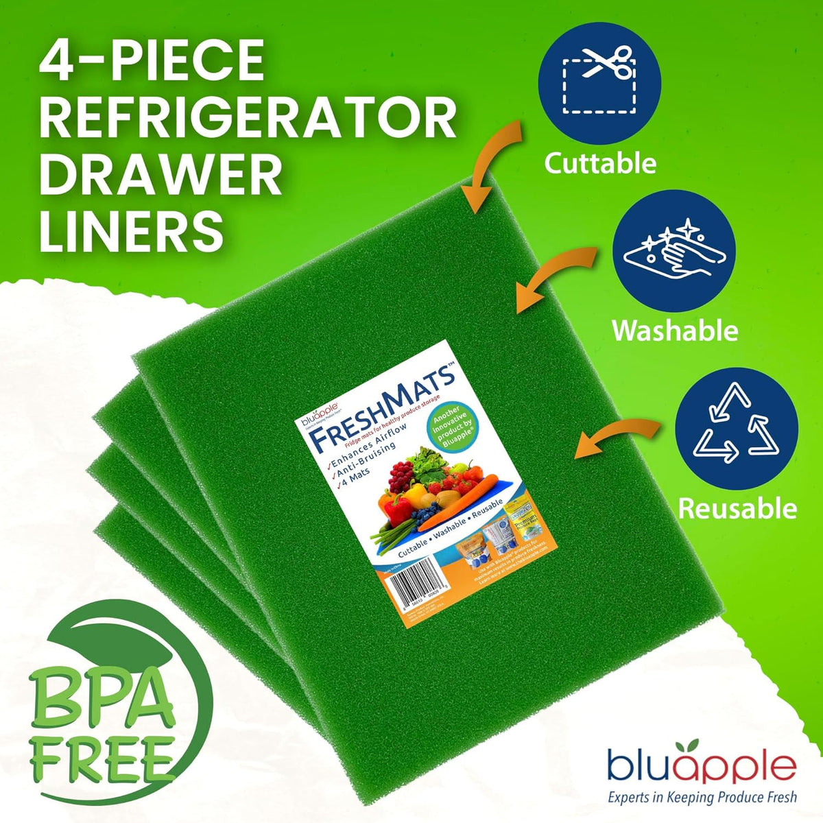 Bluapple FreshMats - Refrigerator Bin Liners, Fridge Drawer Mats - Keeps Produce Fresh Longer