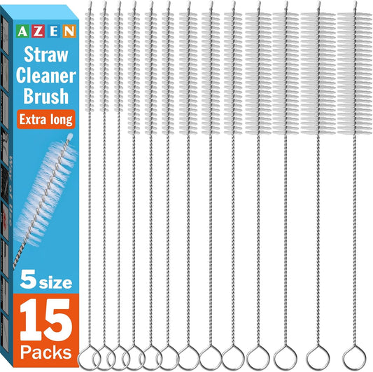 AZEN 15 Pack Straw Cleaner Brush Set, 12 inch Extra Long, 5 Different Diameters Reusable Cleaning