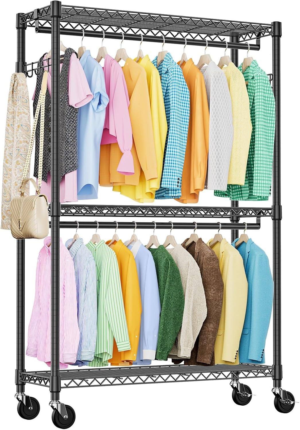 IZEUK 3 Tier Heavy Duty Rolling Garment Rack Wire Clothes Rack for Hanging Clothes, Metal