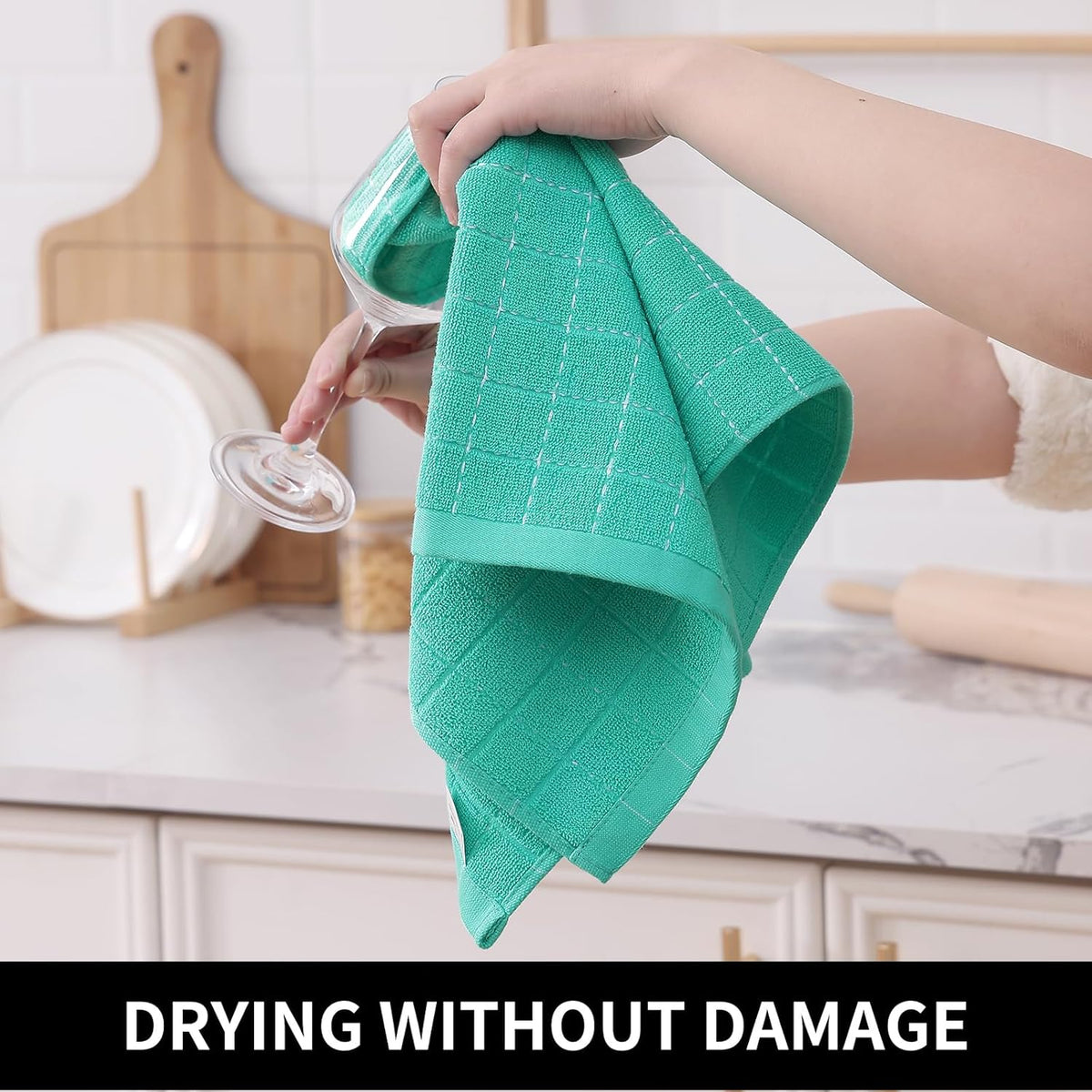 Homaxy 100% Cotton Terry Kitchen Towels(Turquoise, 13 x 28 inches), Checkered Designed, Soft and