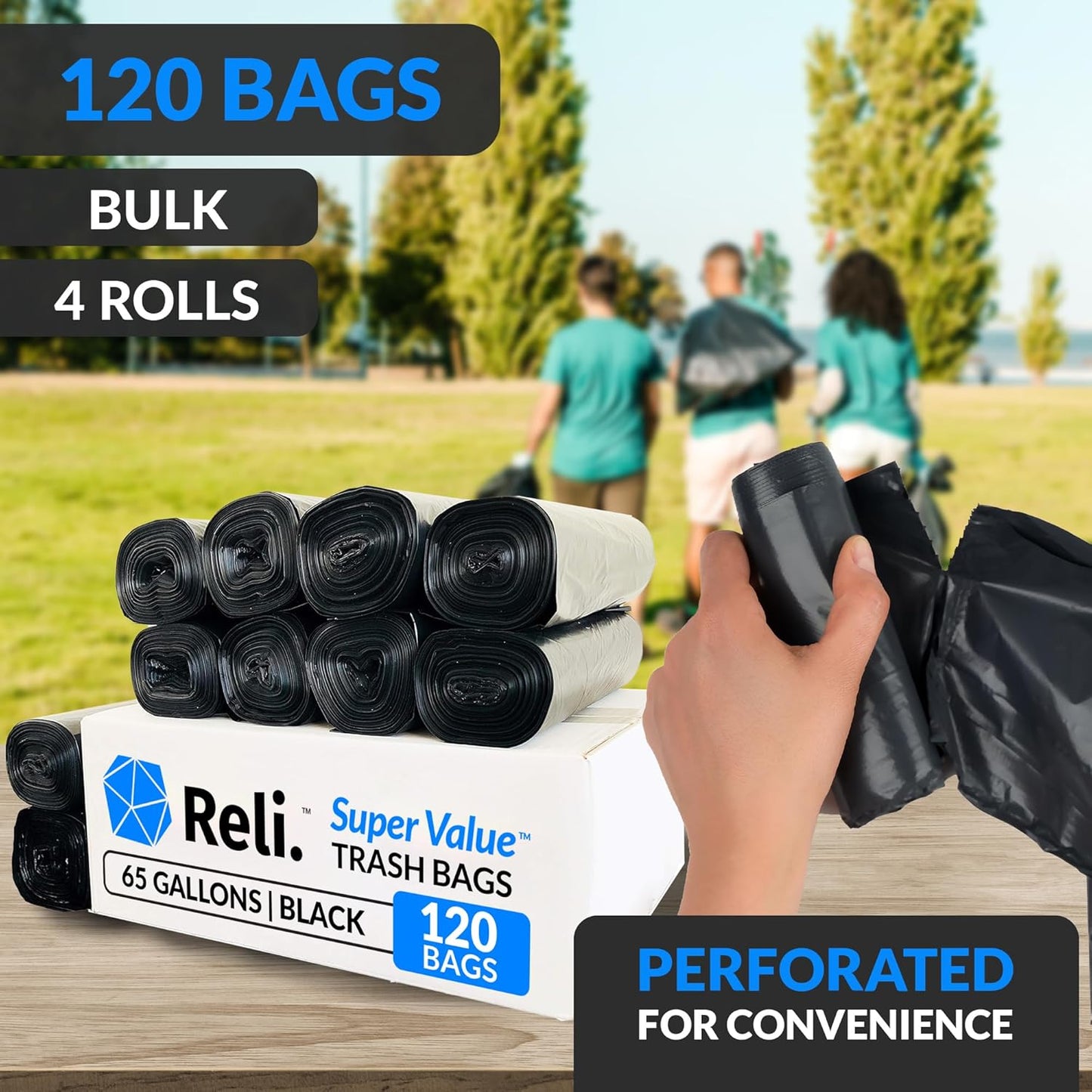 Reli. SuperValue 65 Gallon Trash Bags | 120 Count | Made in USA | Heavy Duty | Bulk | Black