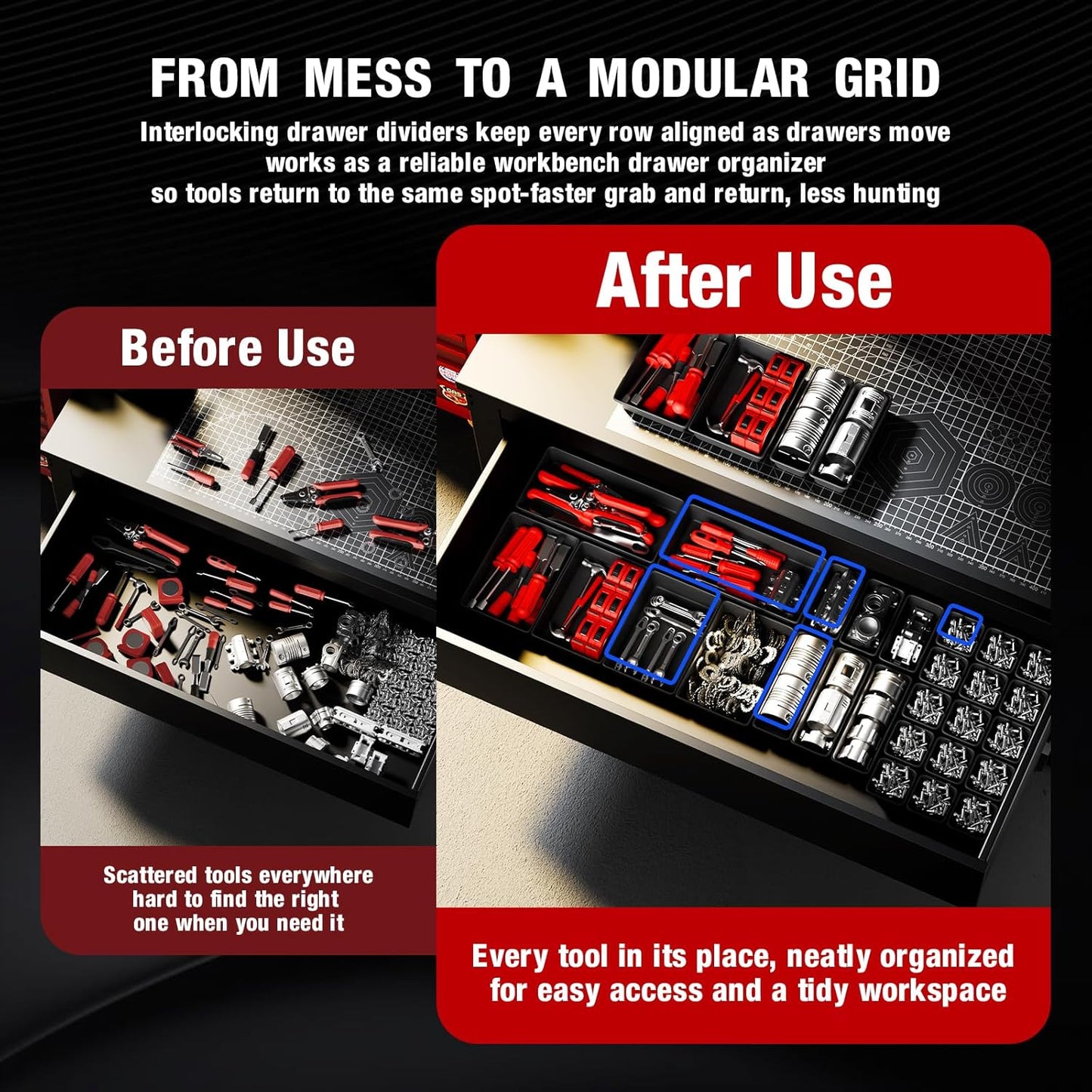 【48PCS & 5 Sizes】Tool Box Organizer Tray, Toolbox Drawer Organizer with Non-Slip Pads, Desk Drawer