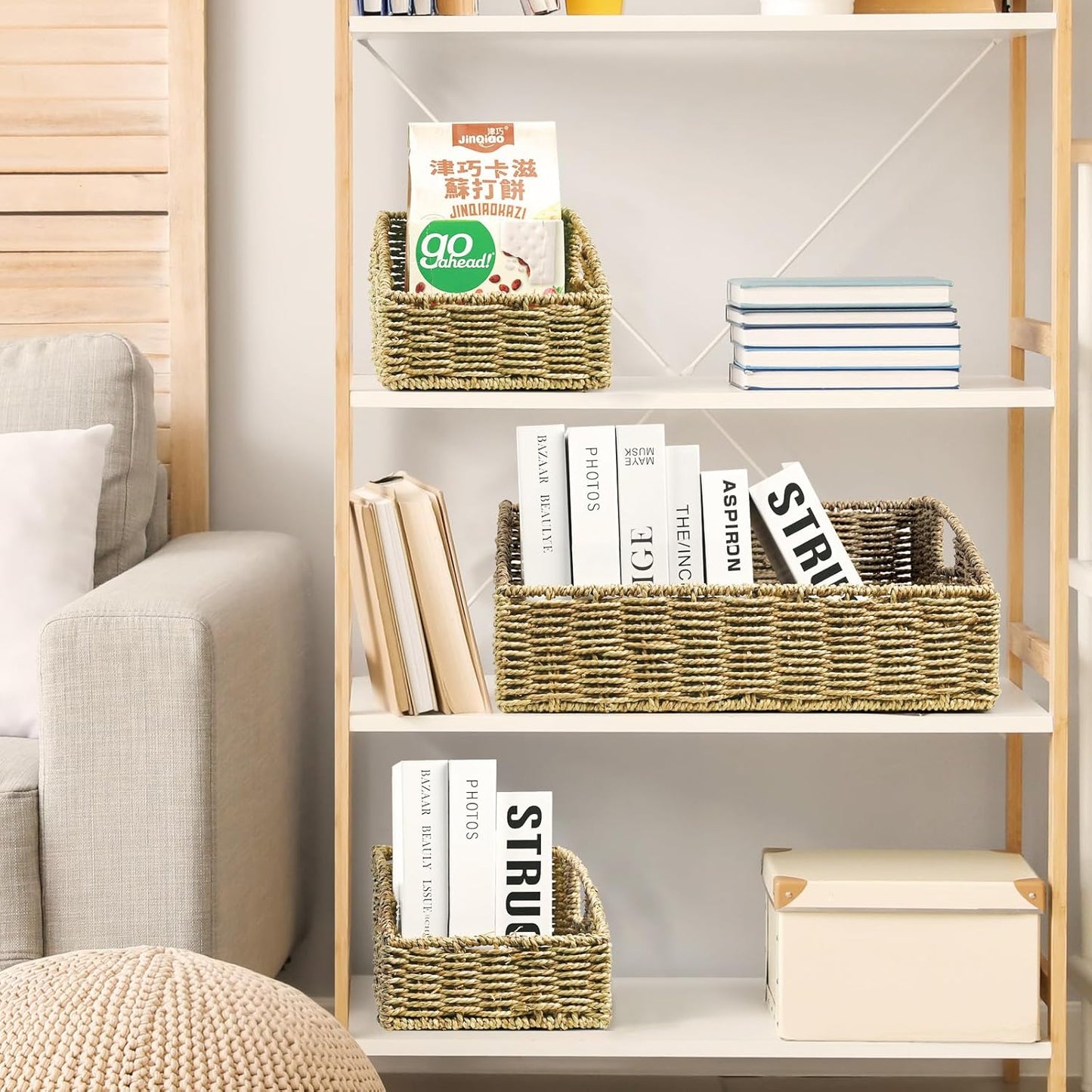 Ollieroo Natural Seagrass Storage Baskets, Handwoven Wicker Storage Bins with Built-in Handles