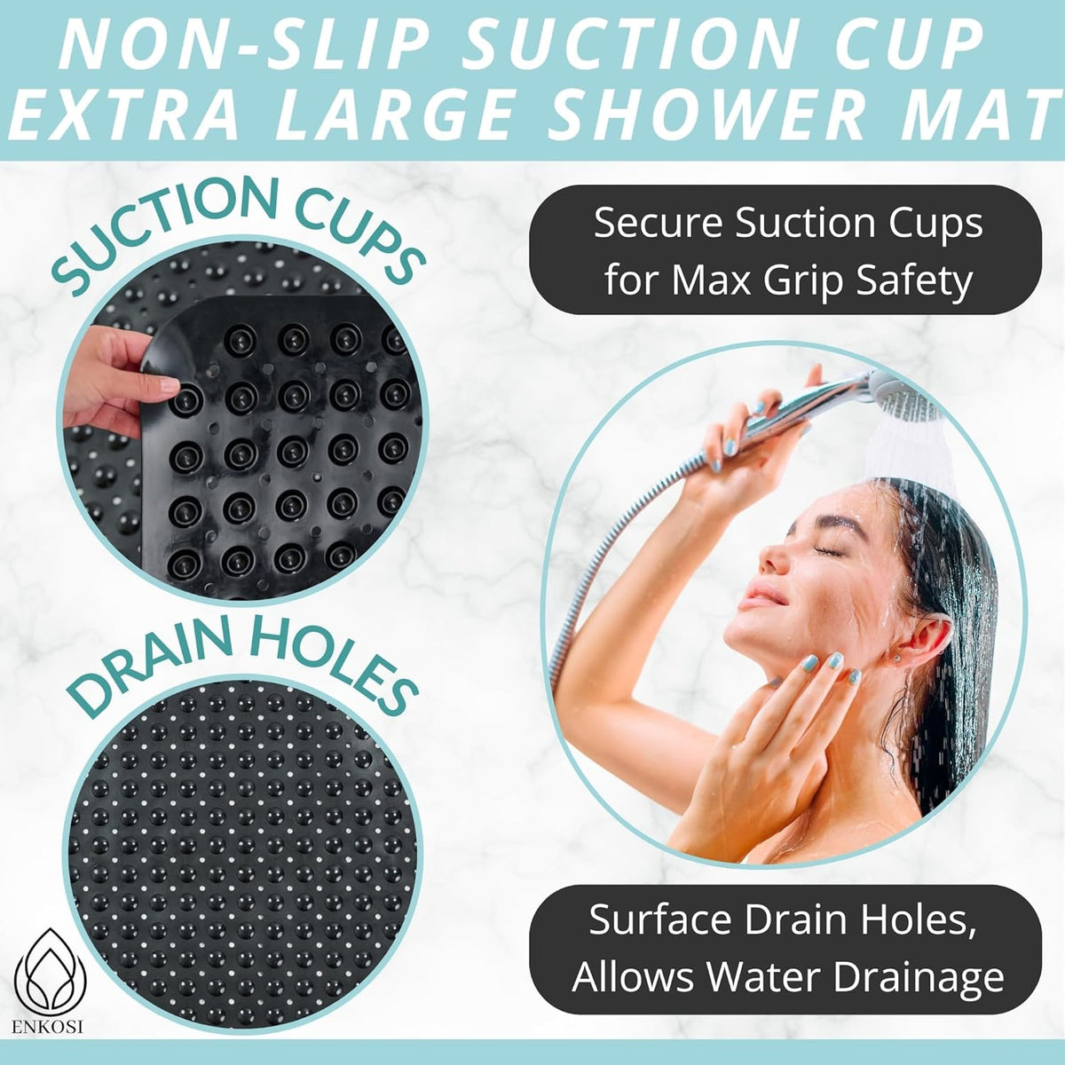 ENKOSI Extra Large Shower Mat Non Slip - 47 x 32 inch - XL Bathroom Shower Mat - Large Shower Matts